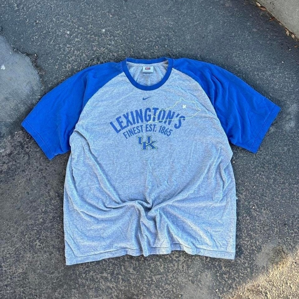 Vintage Nike Kentucky Wildcats Blue & Grey Baseball T Shirt Center Swoosh XXL